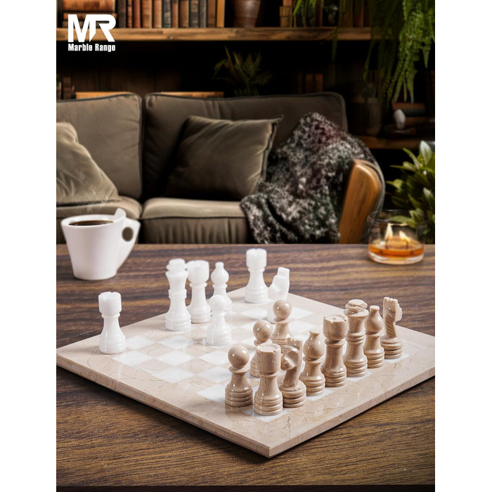 Шаховий набір з мармуру для дорослих, ручної роботи, 32 фігури, 2 додаткові королеви, коробка для зберігання, розкішна подорожна гра, елегантний подарунок для дому (Кораловий & Темно-коричневий) (Верона & Білий)