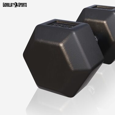 Гантелі GORILLA SPORTS Hexagon 50 кг – шестигранні, гумові, чавунні, рифлений хромований гриф, чорні, для фітнесу та силових тренувань