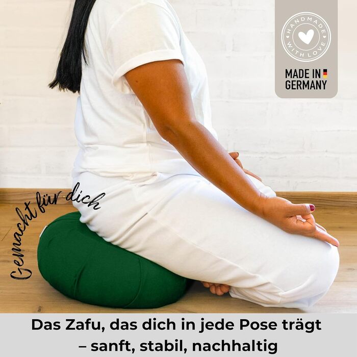 Зігзафкуш для медитації Inner Peace | Йога-подушка з екологічної дінкової наповнювачем | Подушка для медитації у формі півмісяця | Зроблено в Німеччині | Зручний знімний чохол з 100% органічної бавовни (лісово-зелений)