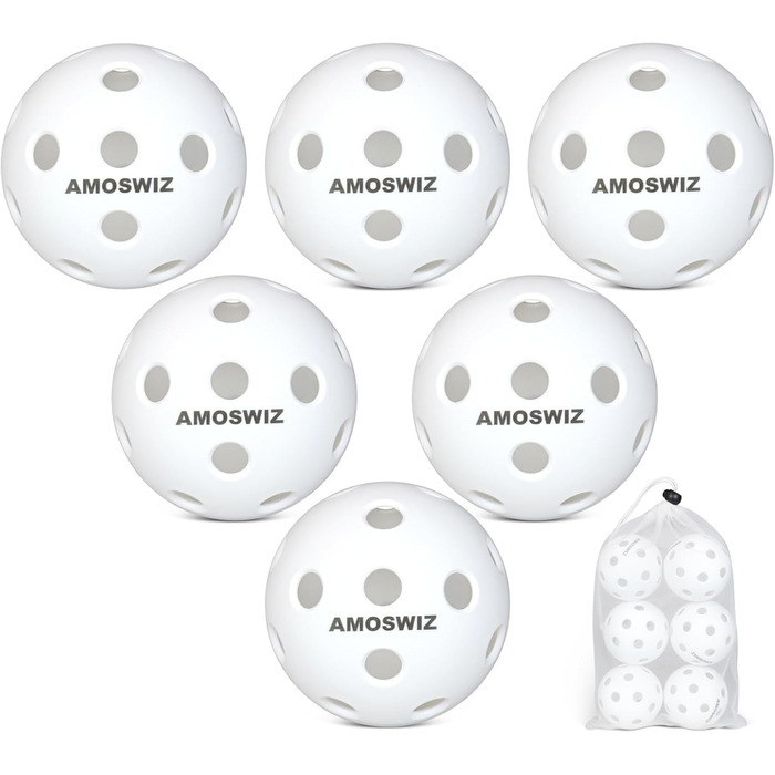 Набір м'ячів для піклболу (6 шт.) з сумкою для сітки, 26 отворів, білі - для тренувань та турнірів