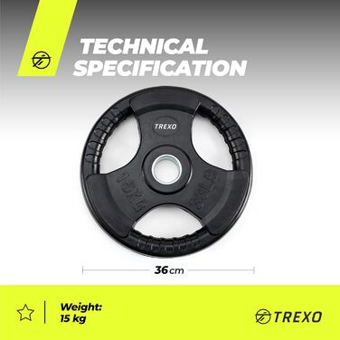 Диск для штанги TREXO 15 кг з ручками, чавунний, покритий, для кросфіту та силових тренувань