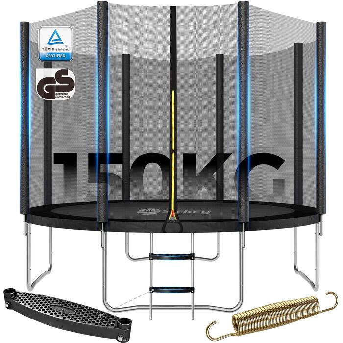 Трамплін Sekey Outdoor Ø 244/305/366 см - сертифікований TÜV Rheinland GS, дитячий, для саду з безпечним мотузковим драбиною, посиленим захисним сіткою та захисним бордюром (Чорний, 366 см/12 футів)