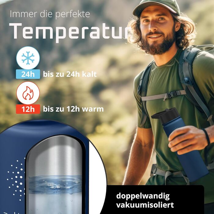 Фляга ACTIVE FLASK з нержавіючої сталі з трубочкою (3 кришки), BPA-free, не протікає, підходить для газованої води - спортивна пляшка, термопляшка, ізотермічна пляшка для води, дитяча пляшка для чаю (680 мл, темно-синій)