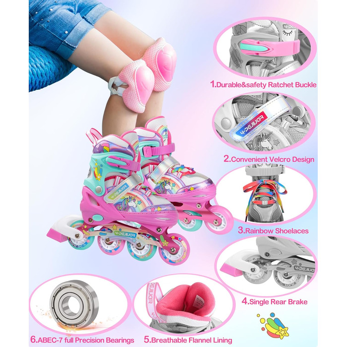 Інлайнерочки Єдиноріг для дівчаток, розмір регулюється, з підсвічуванням, рожеві. Розміри 38-41.