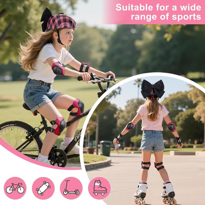 Дитячий шолом Kinder для дівчаток 8-14 років з повним захистом (шолом, наколінники, налокітники), чорно-рожевий, розмір M (52-58 см)