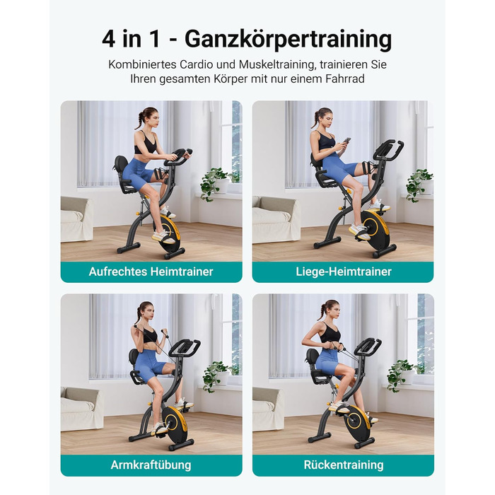 Велотренажер MERACH 4-в-1 з додатком, тихий, магнітний опір 16 рівнів, LCD-дисплей, вимірювання пульсу, складаний, зручне сидіння, еластична стрічка