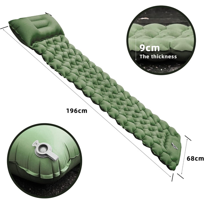Карет самонадувна ізольована килимок для кемпінгу з подушкою, водонепроникний ультралегкий килимок для сну для відпочинку на природі, походів та подорожей (зелений)