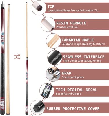 Набір більярдних київ Kmise Pool-Queue-Stick – професійні киї для більярдного столу, канадський клен, для дорослих, 147 см, різні кольори