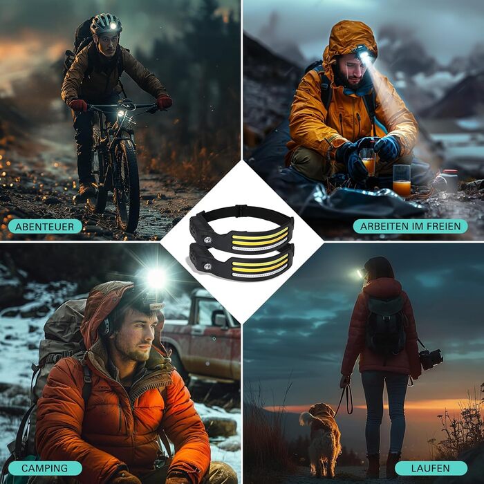 Налобний ліхтар Konqkin 2 шт. LED перезарядна головолампа з 10 режимами, IPX4, з датчиком та червоним світлом для кемпінгу, риболовлі та бігу, чорний