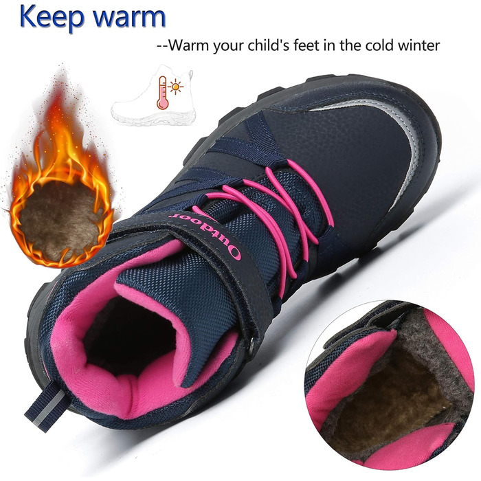 Дитячі зимові чоботи: теплий фліс, водонепроникність, для дівчаток та хлопчиків, підошва для трекінгу, синій та рожевий кольори, розмір 34 EU