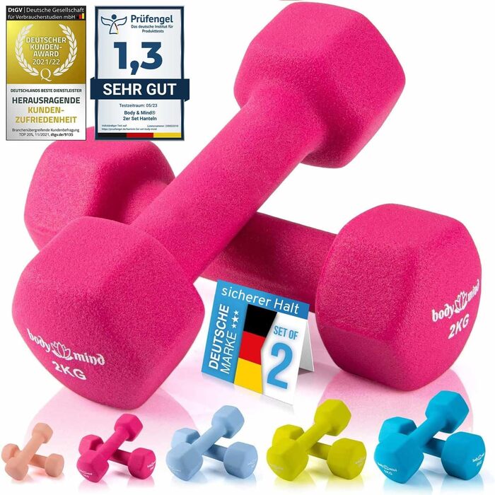 Гантелі Body & Mind 2×2 кг, нековзні, для фітнесу, рожеві, набір для домашніх тренувань