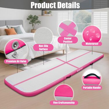 Гімнастичний надувний мат для тренувань, 3/4/5 метрів, 10 см заввишки, рожева (300x100x10 см)