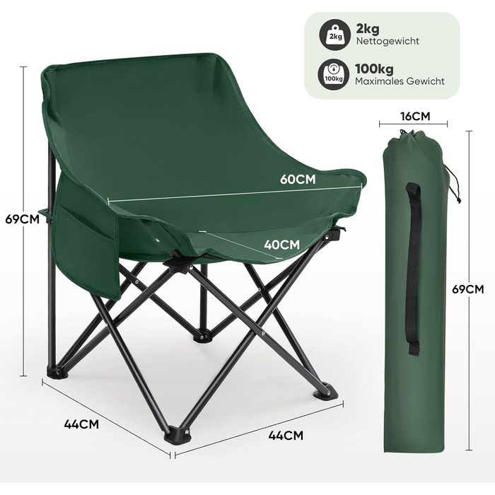 Зручний складаний стілець для кемпінгу з сумкою та нековзними ніжками. Ідеально підходить для риболовлі, відпочинку на пляжі, пікніків, саду та балкону. Колір: темно-зелений