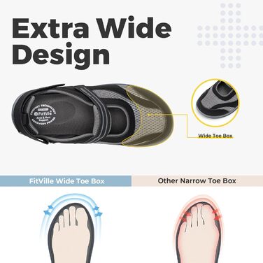 Сндалі для жінок FitVille з широкою колодкою для літніх місяців, модель Mary Jane, з застібкою на липучці (42.5 EU, чорні)