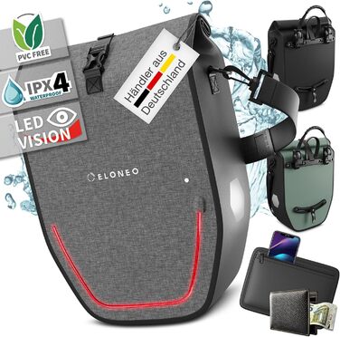 Велосипедна сумка на багажник з LED-підсвіткою, 20 л, 100% водонепроникна, з ручкою та плечовим ременем, сіра
