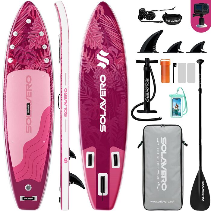 SUP дошка Solavero надувна з комплектом, 323x83x15 см, до 200 кг, рожевий джунглі - для початківців та сімей