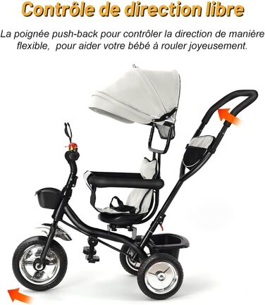 Триколісний велосипед для дітей 1-5 років, 5 в 1, з регульованою висотою сидіння, поворотний сидіння 360°, знімний капюшон, безпечний ремінь, кошик для іграшок, сірий