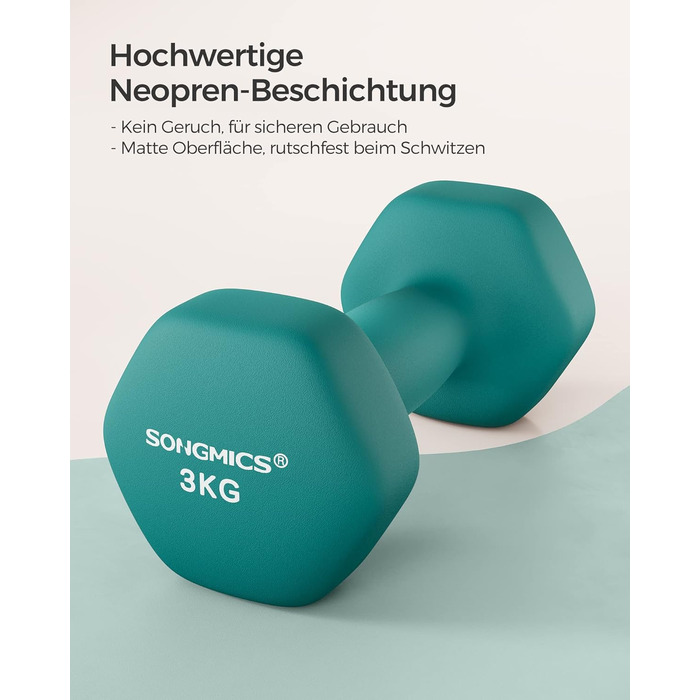 Гантелі SONGMICS 2 x 3 кг, шестигранні, неопрентове покриття, набір для фітнесу та силових тренувань вдома, аквамаринові