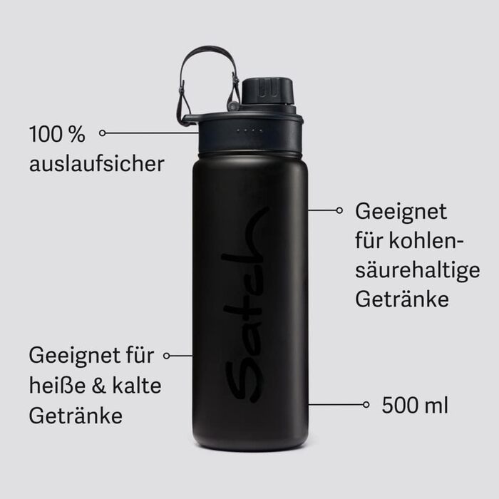 Пляшка для води Satch з нержавіючої сталі, 0,5 л, BPA Free, герметична, для гарячих та холодних напоїв, чорна