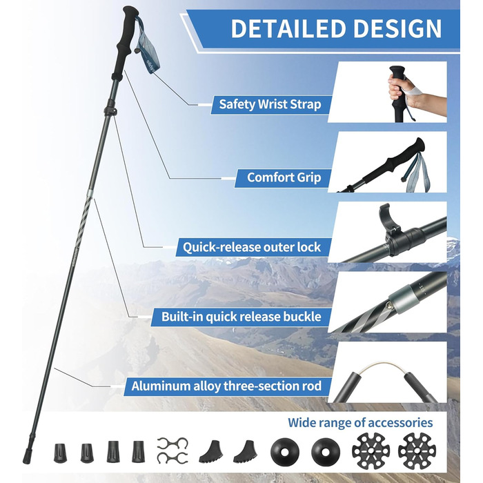 Трекінгові палиці Naturehike Ultraleicht - легкі складані палиці для піших прогулянок та трекінгу (115-135 см, алюміній 7075, чорний)