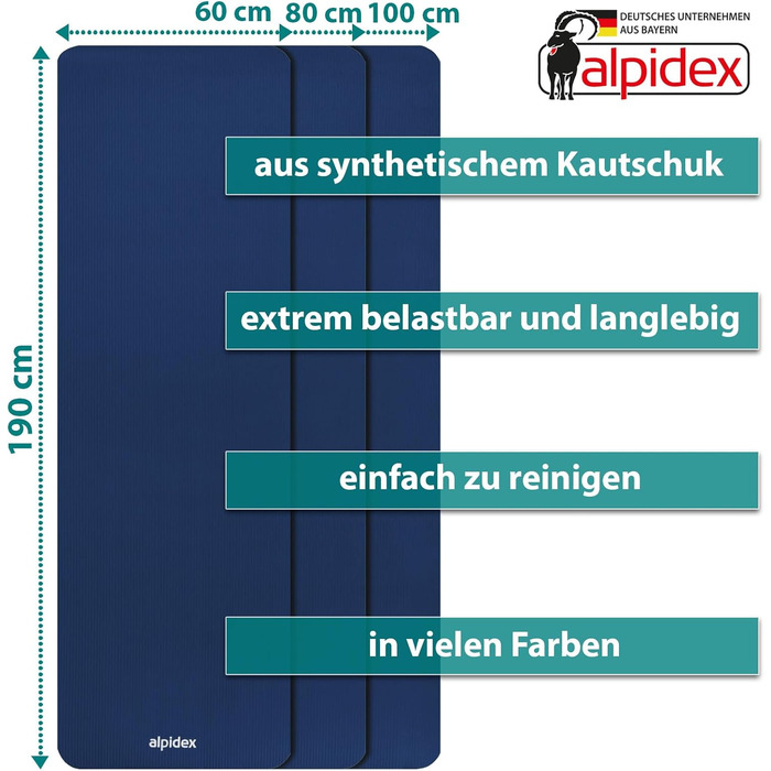Килимок для йоги Alpidex Extra Dick 190 x 60 x 1.5 см - товстий, неслизький, для фітнесу, пілатесу, гімнастики, HIIT, йоги, фізіотерапії, синій