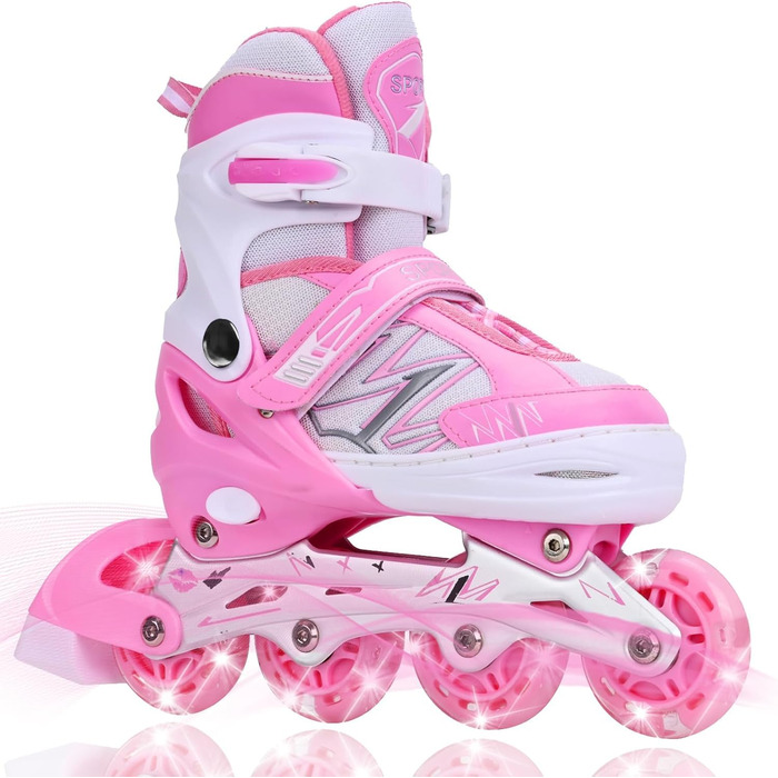 Дитячі ролики-інлайни з підсвічуванням, регульовані, для хлопчиків та дівчаток, рожево-білі, розмір L