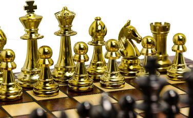 Шаховий набір Staunton 40см, фігури з металізованого пластику, дерев'яна шахівниця, фігури з металевим навантаженням, жовтий колір