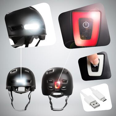 Велошолом Crazy Safety Vertigo матовий чорний з переднім і заднім USB-світлом, для скейтборду, роликів, самоката, BMX і міського велосипеда, унісекс, розмір M (54–57 см), L (57–61 см)