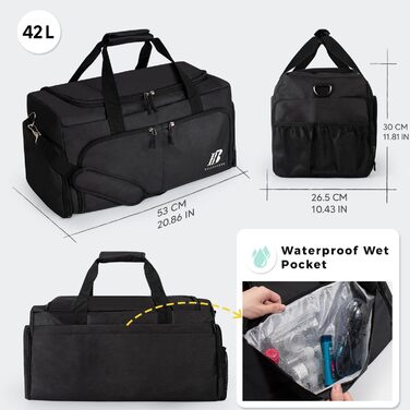 Спортивна сумка для фітнесу та подорожей з відділенням для взуття та вологих речей, 42 л, чорна
