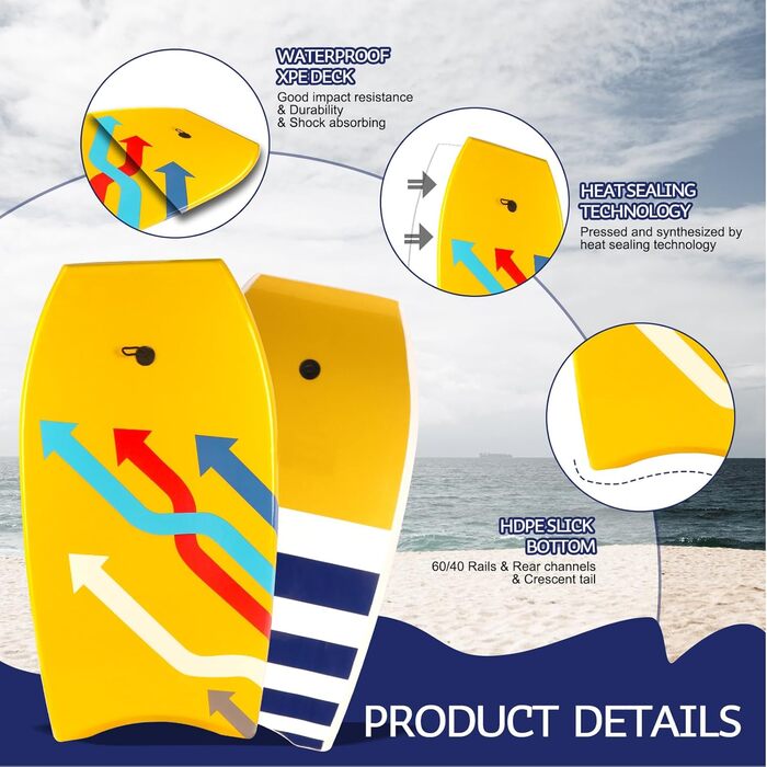 Плавальна дошка Bodyboard з дизайном стріли, портативна дошка для бодіборду для дорослих із ремінцем для руки, високою вантажопідйомністю, XPE-покриттям і півмісяцевим хвостом, багатостріловий візерунок
