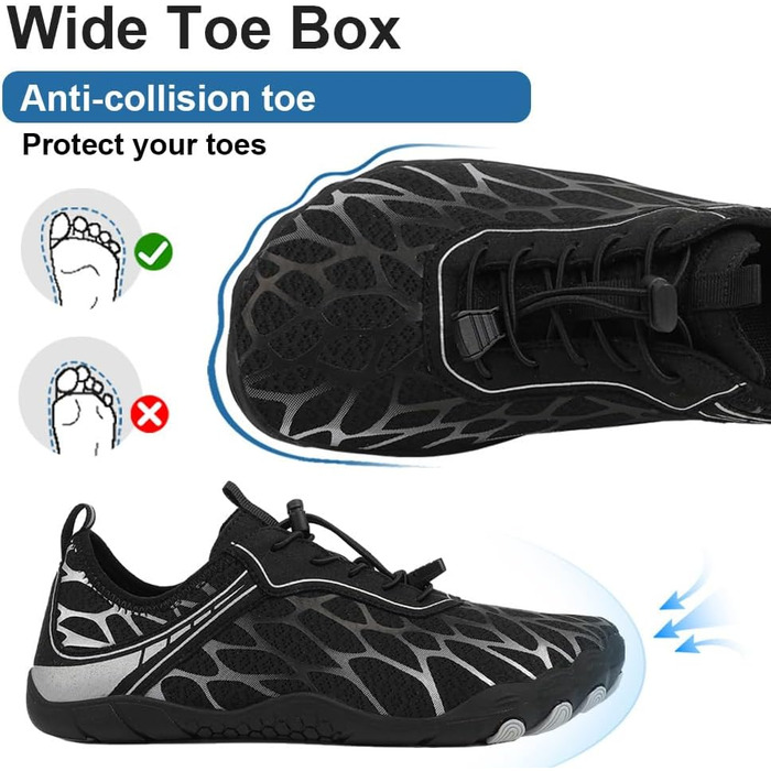 Взуття Barfuss для жінок та чоловіків: водонепроникні шкарпетки, кросівки для плавання, дихаючі, швидко сохнуть, 36-46 EU (41 EU, чорний сріблястий)
