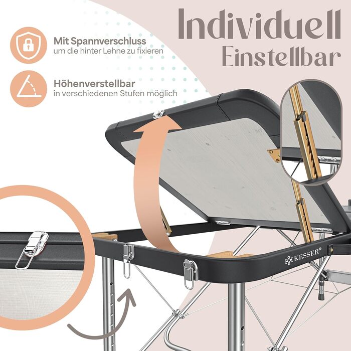 Масажне ліжко KESSER® з 3 зонами, до 250 кг, складане, регульоване, з аксесуарами (підголівник, підлокітники, сумка), антиковзне покриття, 61 см