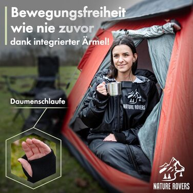 Спальний мішок з рукавами Nature Rovers – дорослий, для кемпінгу та відпочинку на природі (3 сезони), водонепроникний, з отворами для ніг, включає подушку, чорний