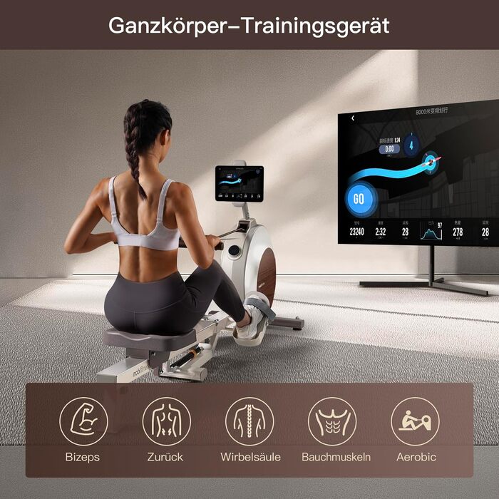 Магнітний гребний тренажер MOBI FITNESS для дому, 40 рівнів навантаження, 45 кг, тихий, LED-дисплей, сумісний з Apple Watch і додатками