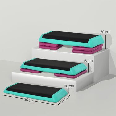Степпер HOMCOM з регулюванням висоти, 3 сходинки, для дому, фітнесу, офісу, чорний+зелений+фіолетовий