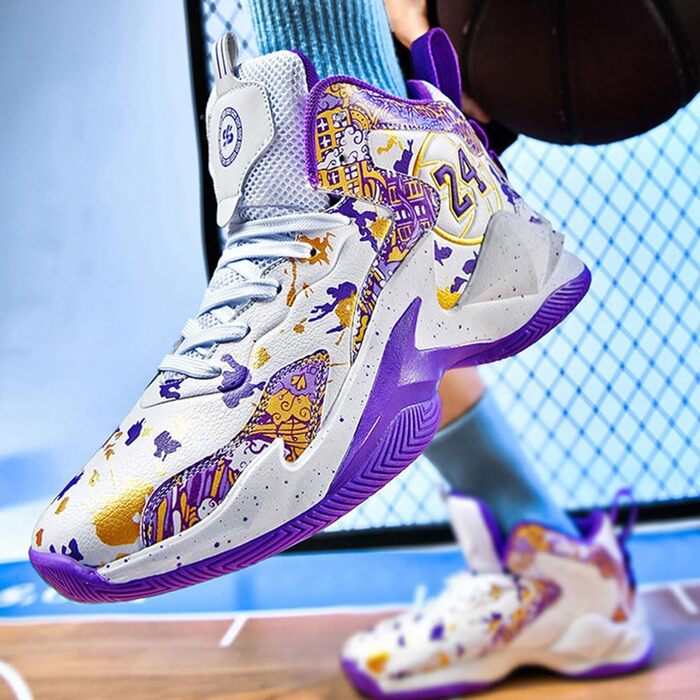 Баскетбольні кросівки для чоловіків та хлопців, високий верх, антиковзаюча підошва, спортивні кросівки для осені/зими, розміри 35-45 EU, чорно-білі (43 EU, фіолетово-білі)