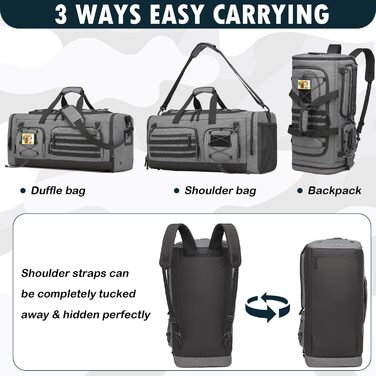 Спортивна сумка 50L для чоловіків 3-в-1 з відділенням для мокрого одягу та взуття, рюкзак, дорожня сумка, валіза ручної поклажі, сумка для тренувань, залу, плавання, подорожей (сіра)