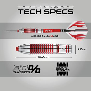 Дротики Red Dragon Reflex з вольфраму для дартсу зі сталевим вістрям, з оперенням і хвостовиками