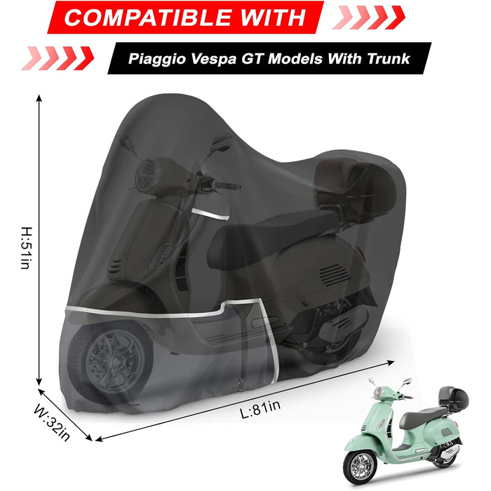Водонепроникний чохол для моторолика Piaggio Vespa GTV GTS GT 60/125/200/250/300 з кофром, тканина 420D Oxford, чорно-сірий