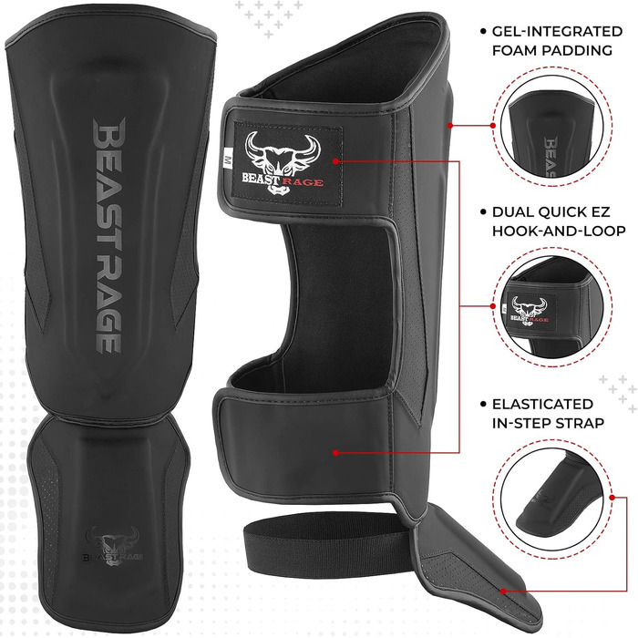 Шкіряні щитки для ніг Beast Rage для кікбоксингу, муай-тай, ММА, боксу, карате, тхеквондо та БЖЖ, з захистом зап'ястя, чорного кольору
