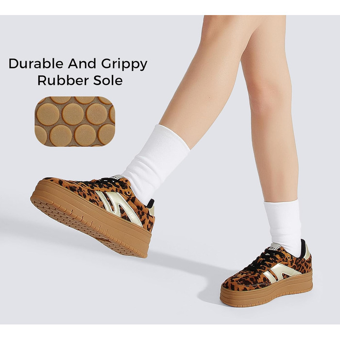 Кросівки LUCKY STEP Plateau Sneaker для жінок - платформа, канвас, ретро стиль, низький профіль, зручні для повсякденного носіння, бежево-зелені (41 EU, леопард)