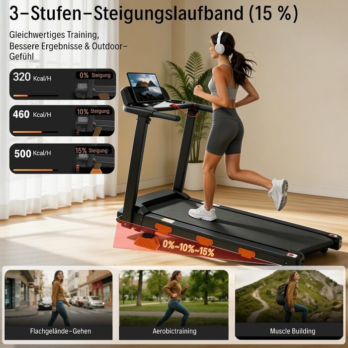 Складана бігова доріжка JEEKEE Walking Pad для дому та офісу, з нахилом 15%, двигун 3.0 к.с., максимальна вага 159 кг, чорна
