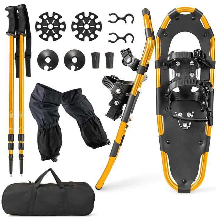 Снігоступи GYMAX 63 см з алюмінію, розмір 35-45, з підйомником, 2 палиці та сумка, комплект снігоходів для чоловіків та жінок, золотий