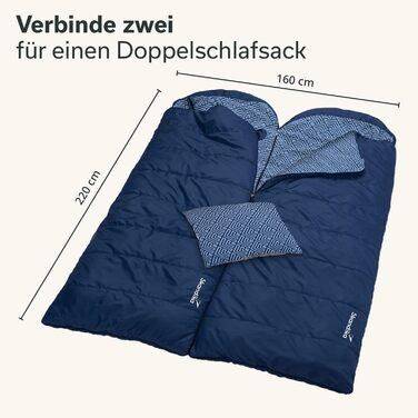 Спальний мішок Skandika Dundee Flanell з бавовни, преміум-якість, з'єднується, двомісний, 3 сезони, до -20°C, 220 x 80/160 см, для кемпінгу та відпочинку на природі (індиго + подушка)