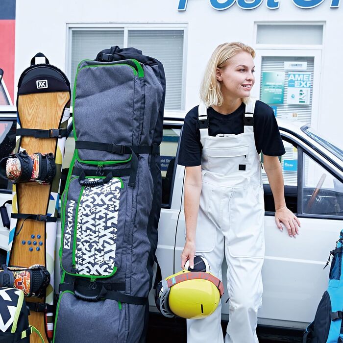 Сумка для сноуборда XCMAN з підкладкою та колесами, розширювана сумка-тележка для перевезення літаком, регульована довжина - наддовга/широка/глибока, водонепроникна, з захисними ребрами (зелена)