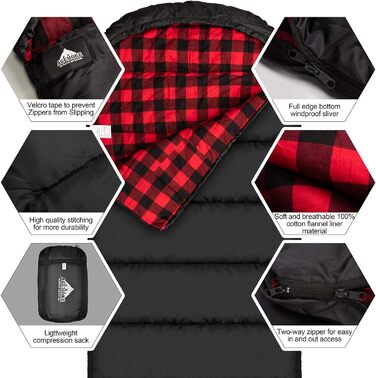 Спальний мішок Baumwoll-Flanell для дорослих, 100% бавовна, для кемпінгу, походів, подорожей з рюкзаком, легкий, 3-4 сезони, чорний/червоний