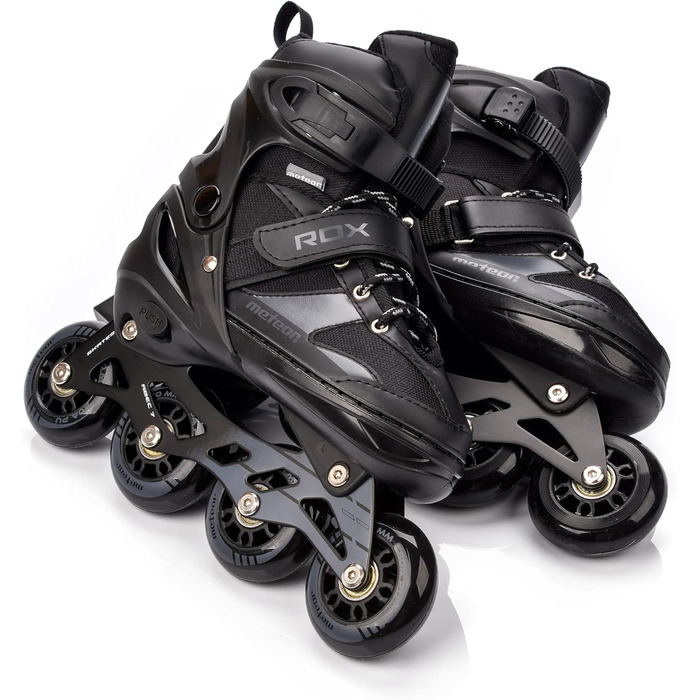 Дитячі ролики Meteor Rox з регулюванням – інлайнери для дівчаток та хлопчиків, підшипники ABEC-7 Carbon, колеса PU 72mm 80A, алюмінієвий фрейм, розміри S30-33, M34-37, L38-41 (L 38-41, Чорний)