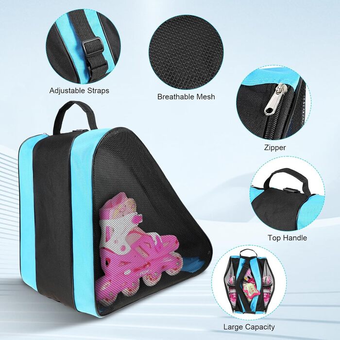 Сумка для роликових ковзанів для дітей, сумка для фігурного катання з регульованими ремінцями, сумка для ковзанів з ручками, сумка для хокею з блискавкою та відділеннями, блакитна