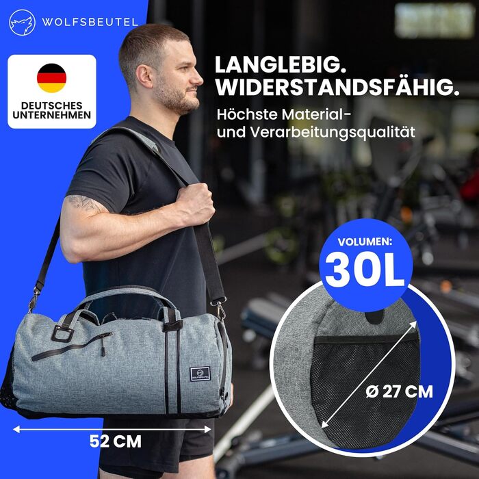 Спортивна сумка WOLFSBÜTEL® 30L: дорожня, для фітнесу, з відділенням для взуття та мокрих речей | Водостійка, сірого кольору
