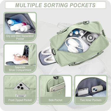 Спортивна сумка HYC00 для жінок та чоловіків: велика, з відділенням для мокрого одягу та взуття, для подорожей, спортзалу, йоги, танців, тренувань, трав'яно-зелений колір